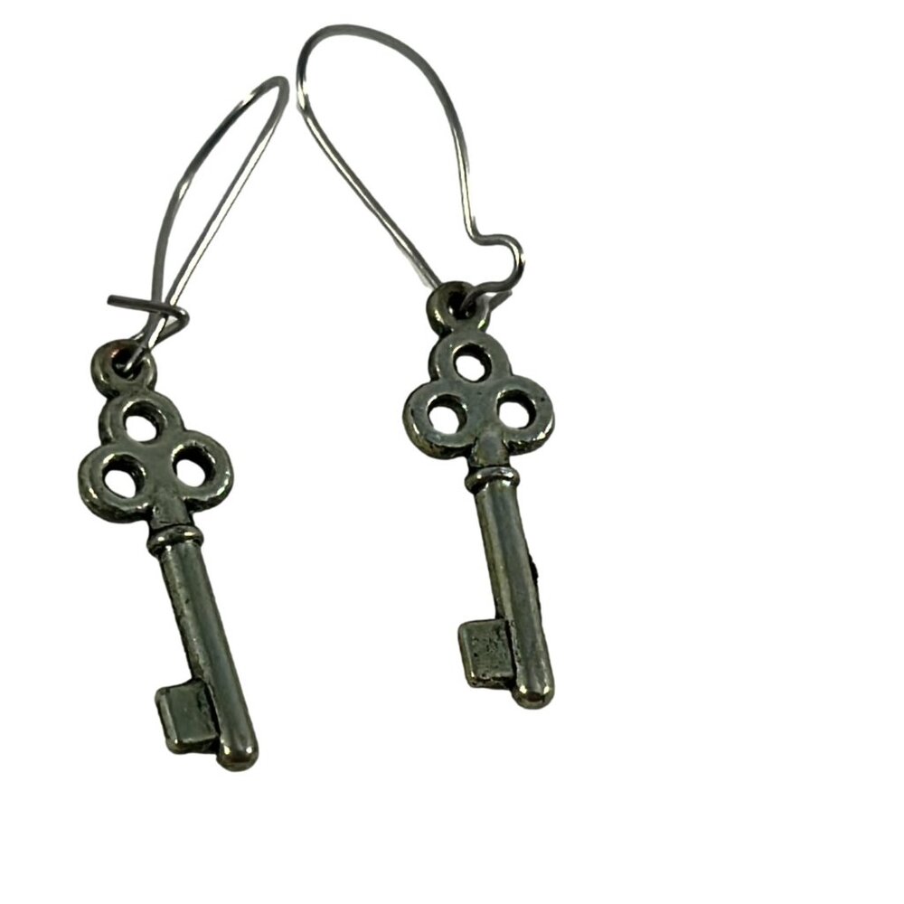 Small Silver Tone Key Earrings Delicate Dangle Skeleton 1" Drop